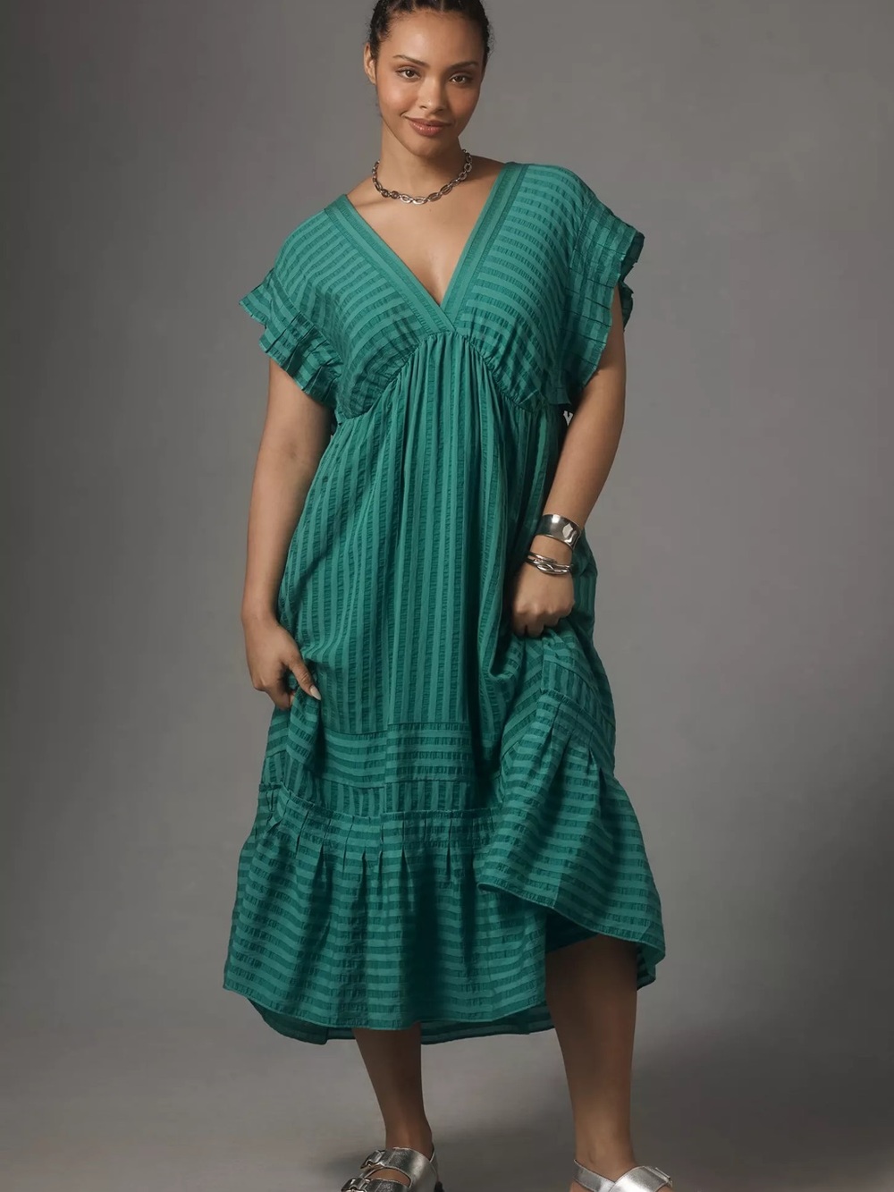 Anthropologie Teal Green Striped Midi Dress